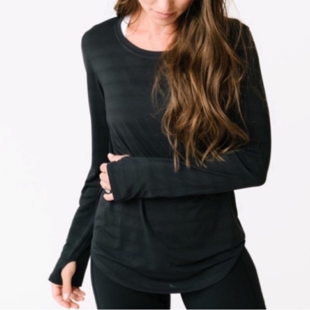 ZYIA Subtle Stripe Long Sleeve Tee in Black, Size XS